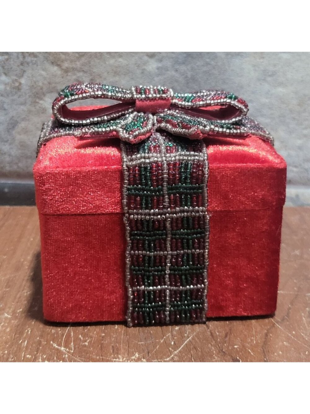 Vintage Red Velvet Christmas Trinket Gift Box Beaded Plaid Ribbon Bow 4" Square